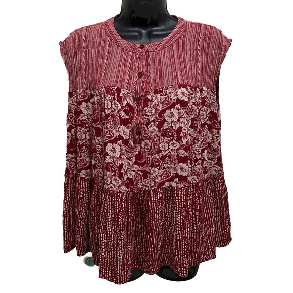 Everleigh Bohemian Deep Red Tiered Ruffle Button Up Blouse Size Small‎ Floral - Picture 1 of 6